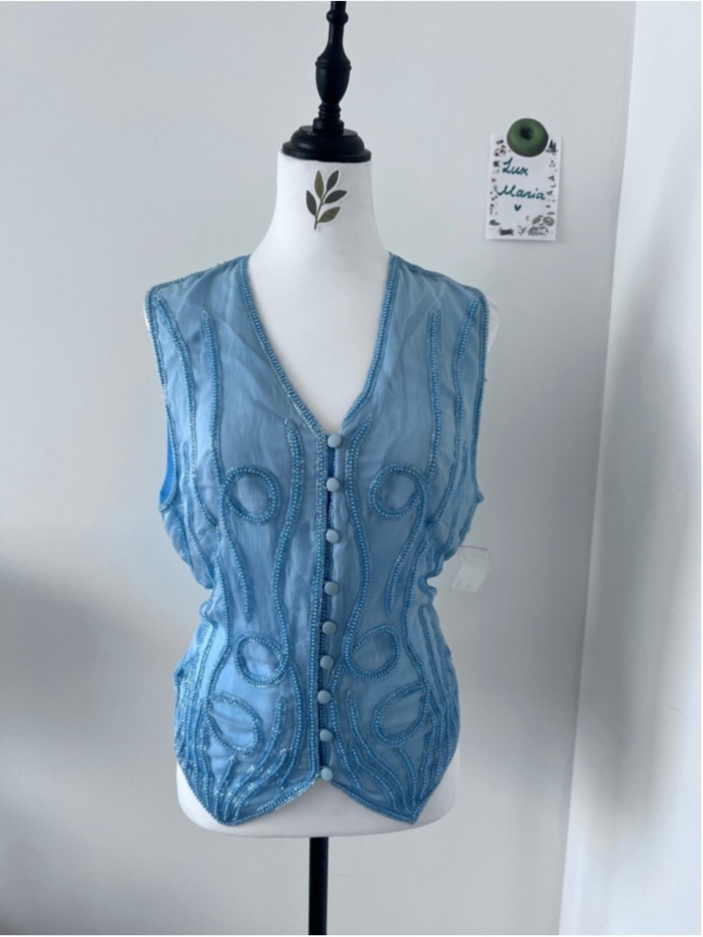 100% Silk Vintage Mary McFadden Blue Beaded Vest Embellished Button-Front M NWT